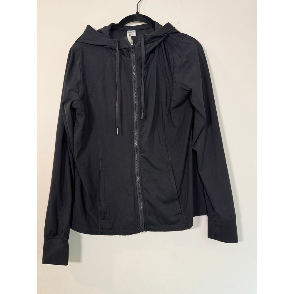 Athletic Works Womens Hooded Full Zip Jacket Black Thumbhole Mesh Vent Size XL